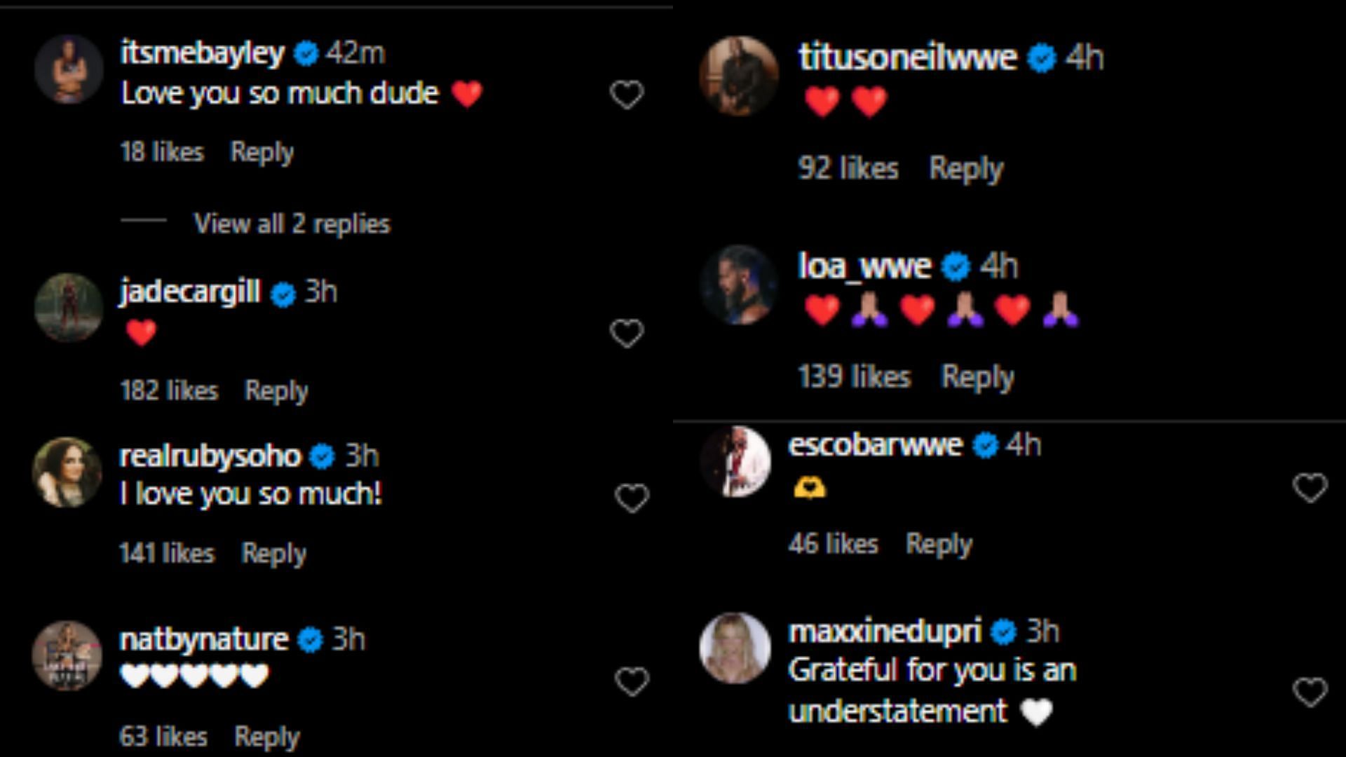 Jade Cargill, Bayley, Tonga Loa, Maxxine Dupri, Natalya all sent the star messages (Credit: Instagram)